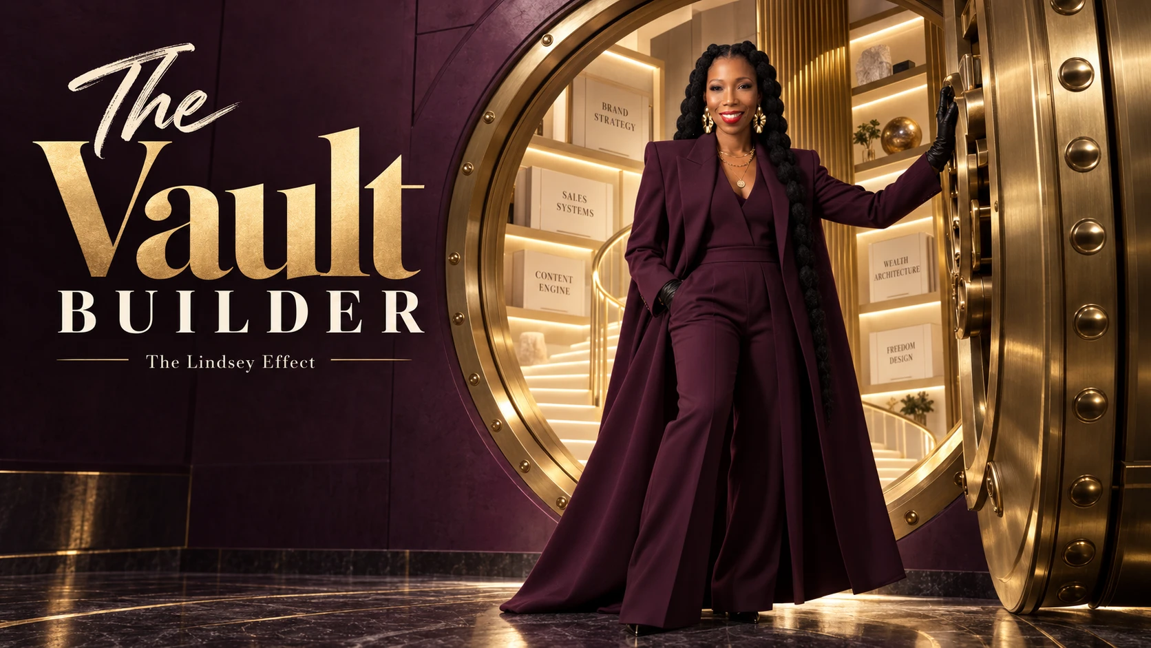 The Vault Builder by The Lindsey Effect: Danielle Lindsey at the open door of a lit vault lined with labeled resources