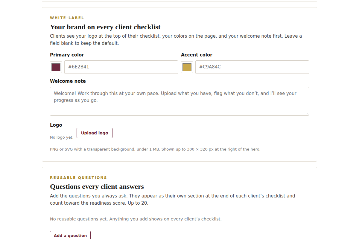 The white-label controls: primary color, accent color, welcome note and logo
